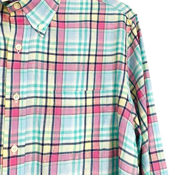 Brooks Brothers Shirt Mens XL Green Pink Plaid Irish Linen Button Up Extra Large - Picture 7 of 10